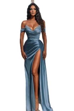 Elegantes langes Kleid für Damen, 2023, für den Abend, Blauer Satin, gerüscht, Brust, Taille, Abendkleid, Cocktailparty, sexy, schulterfrei, hoher Schlitz, Staubblau, 14 von AYAZER