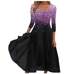 Kleider Damen Spitzenkleid Chiffon Cocktailkleid Festliches Ballkleid Brautjungfernkleider Für Hochzeit Midi Abendkleider Damen Kleid Winter Boho Kleid Beach Dress Knotenkleid Damen Langarm Violett L von AYAZER