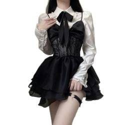 Spitze Kawaii Lolita Minikleid Set Punk Harajuku Ästhetisches schwarzes Kleid Goth Kpop Kleidung Koreanisches Modekleid Herbst Outfits Damen-Shirt und Kleid-M von AYAZER