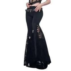 Street Style Retro Gothic Black Stretch Leggings Damen Hose mit weitem Bein Steampunk Casual Sexy Spitze Schlaghose-Schwarz-M von AYAZER