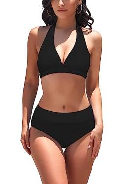 AYEEBOOY Damen Bikini-Set V-Ausschnitt Bikini Top Hängende Hals Bademode Hohe Taille Bikini Bottom Zweiteiliger Badeanzug Swimsuit（Black，S） von AYEEBOOY