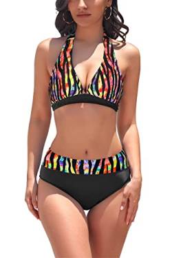 AYEEBOOY Damen Bikini-Set V-Ausschnitt Bikini Top Hängende Hals Bademode Hohe Taille Bikini Bottom Zweiteiliger Badeanzug Swimsuit（Black red，L） von AYEEBOOY
