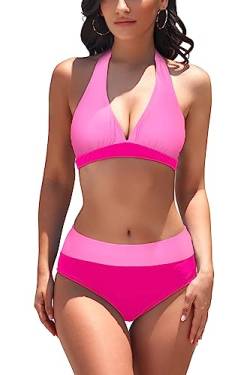 AYEEBOOY Damen Bikini-Set V-Ausschnitt Bikini Top Hängende Hals Bademode Hohe Taille Bikini Bottom Zweiteiliger Badeanzug Swimsuit（Pinkred，S） von AYEEBOOY