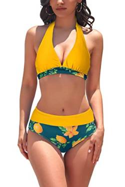 AYEEBOOY Damen Bikini-Set V-Ausschnitt Bikini Top Hängende Hals Bademode Hohe Taille Bikini Bottom Zweiteiliger Badeanzug Swimsuit（Yellow Lemon，L） von AYEEBOOY