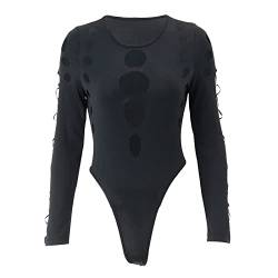 AYJMA Sexy Dot Aushöhlen Bodysuit Y2K Gothic Punk Langarm Bodycon T-Shirt Damen Streetwear Slim Mieder Bodysuits,Schwarz,M von AYJMA