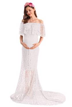 AYMENII Damen Mutterschaft Fotografie Schulterfrei Spitze Meerjungfrau Kleid mit Zug Hochzeit Party Fotoshooting Baby Shower Kleid Gr. S, weiß von AYMENII