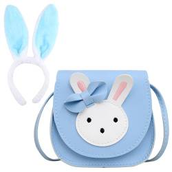 AYNKH Kleine Mädchen Kaninchen Umhängetasche Messenger Bag Leder Handtasche Mini Niedlich PU Verstellbarer Schultergurt Handtasche Tierohren Kinder Stirnband (Blau) von AYNKH
