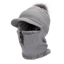 AYPOW Winter Warm Strickmütze Halswärmer-Sets, Damen Wintermütze Winddichte Elastisch Strickmütze mit Haarball, Flexible Balaclava Sturmhaube Winter Gesichtsmaske mit Weiches Fleecefutter für Frauen von AYPOW