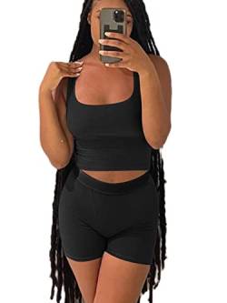 AYWA Casual Workout Sets Zweiteilige Outfits für Frauen Geripptes Crop Tank Top Hohe Taille Leggings Active Wear, Schwarze Shorts, Small von AYWA