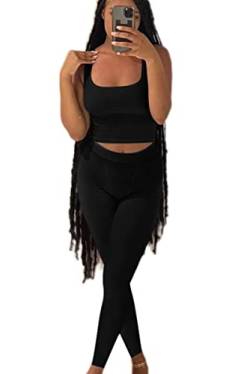 AYWA Casual Workout Sets Zweiteilige Outfits für Frauen Geripptes Crop Tank Top Hohe Taille Leggings Active Wear, schwarz, Small von AYWA