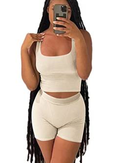 AYWA Lässige Workout-Sets, zweiteilige Outfits für Frauen, gerippt, bauchfrei, Tank-Top, hohe Taille, Leggings, Active Wear, Beige-Shorts, XS von AYWA