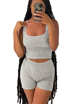 AYWA Lässige Workout-Sets, zweiteilige Outfits für Frauen, gerippt, bauchfrei, Tank-Top, hohe Taille, Leggings, Active Wear, Leichte melierte graue Shorts, XX-Large von AYWA