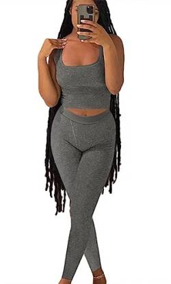 AYWA Lässige Workout-Sets, zweiteilige Outfits für Frauen, gerippt, bauchfrei, Tank-Top, hohe Taille, Leggings, Active Wear, Meliert, Grau, XS von AYWA