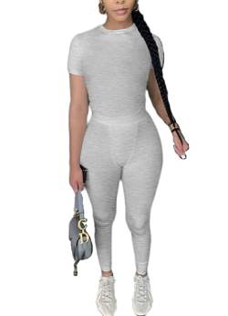 AYWA Zweiteilige Outfits für Frauen Tailliertes T-Shirt mit Rundhalsausschnitt Hohe Taille Leggings Biker Shorts Passende Sets Streetwear, Hell, meliert, Grau, M von AYWA