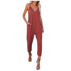 AZISEN Overall Damen, Vintage Jumpsuit für Frauen Jumpsuit Women Date Breite Beine Schlicht Tunika Overall Light Sommer Leicht Jumpsuit Women Higwaist Mit Schlitz Atmungsaktiv Weites (Rot,L) von AZISEN