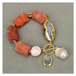 AZOOB Natürliches Rot-Orange-Korallenzweig-Blau-Kyanit-Multicolor-Turmalin-Armband, weiße Keshi-Perlen-Charms for Damen ERTEYIN von AZOOB