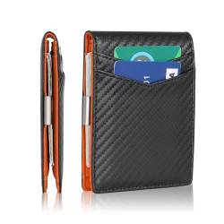 AZZS Minimalistische Geldbörse für Männer und Frauen – RFID-blockierendes echtes Leder, schlanke Brieftasche mit 12 Kreditkartenfächern, Geldklammer, Carbon Black & Orange, Minimalistisch Slim von AZZS