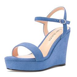 Aachcol Damen Keilabsatz Plateau Plattform Sandalen Peep Open Zehenkappe Knöchelriemen Slingback Chunky Blockabsatz Hoher High Absatz Heel Dress Schuhe Pumps Wildleder Hellblau 10 CM 35 EU von Aachcol