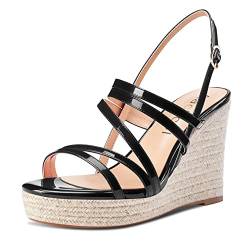 Aachcol Damen Keilabsatz Plateau Plattform Sandalen Peep Open Zehenkappe Knöchelriemen Slingback Rückengurt Hoher High Absatz Heel Dress Schuhe Lackleder Schwarz 10 CM 44 EU von Aachcol