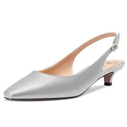 Aachcol Damen Kitten Niedrige Absatz Heel Pumps Eckige Zehenkappe Knöchelriemen Slingback Dress Schuhe Matt Büroschuhe Hochzeit Einkaufen Silber 3.5 cm 40 EU von Aachcol