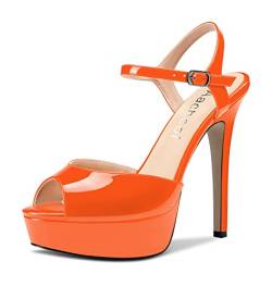 Aachcol Damen Plateau Plattform Sandalen Knöchelriemen Peep Open Zehenkappe Stiletto Hoher High Absatz Heel Slingback Dress Schuhe 13 cm Orange Lackleder 38 EU von Aachcol