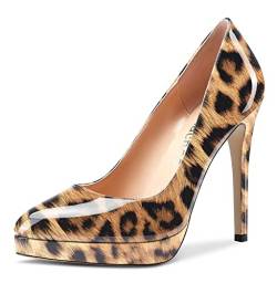 Aachcol Damen Plateau Plattform Stiletto Hoher High Absatz Heel Pumps Geschlossene Spitze Zehenkappe Slip-on Schuhe Hochzeit Büroschuhe Party Dress Klassisch 12 cm Braun Leopard 37 EU von Aachcol