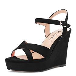 Aachcol Damen Sandalen Plateau Plattform Keilabsatz Peep Open Zehenkappe Knöchelriemen Slingback Chunky Blockabsatz Hoher High Absatz Heel Dress Schuhe Wildleder Schwarz 10 CM 43 EU von Aachcol