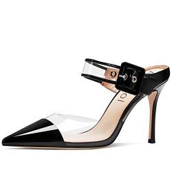 Aachcol Damen Sexy Clear Slingback Knöchelriemen Stiletto Hoher High Absatz Heel Pumps Geschlossene Spitze Zehenkappe Dress Schuhe Party Hochzeit Lackleder Schwarz 8 cm 45 EU von Aachcol