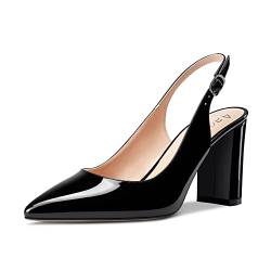 Aachcol Damen Spitze Zehenkappe Pumps Chunky Blockabsatz Mittlerem Absatz Heel Knöchelriemen Slingback Dress Schuhe Schwarz Lackleder 8.5 cm 38 EU von Aachcol