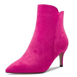 Aachcol Damen Stiefeletten Geschlossene Spitze Zehenkappe Slip-on Stiletto Mittlerem Absatz Heel Wildleder Reißverschluss Magenta Rot B 6 CM 37 EU von Aachcol