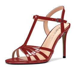 Aachcol Damen T-strap Sandalen Stiletto Hoher High Absatz Heel Peep Open Zehenkappe Slingback Knöchelriemen Schuhe 10 CM Rot Burgund Lackleder 43 EU von Aachcol