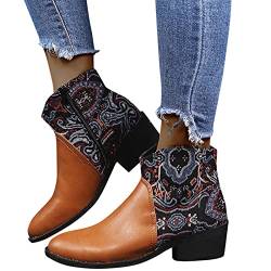 Aahkloijw Damen Stiefeletten Bestickte Stiefel Dicke Ferse Niedrige Absätze Lederstiefel Ritterstiefel Freizeitstiefel Schlupfstiefel Herbst Winter rutschfeste Boots Mit Reißverschluss von Aahkloijw