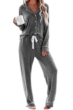 Schlafanzug Damen Lang Pyjama Sets mit Knopfleiste Zweiteiliger Nachtwäsche Hausanzug(L,Dunkelgrau) von Aamikast