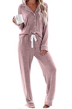 Schlafanzug Damen Lang Pyjama Sets mit Knopfleiste Zweiteiliger Nachtwäsche Hausanzug(L,Rosa) von Aamikast