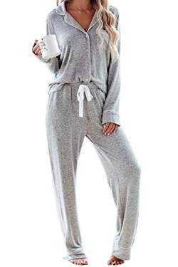 Schlafanzug Damen Lang Pyjama Sets mit Knopfleiste Zweiteiliger Nachtwäsche Hausanzug(M,Grau) von Aamikast