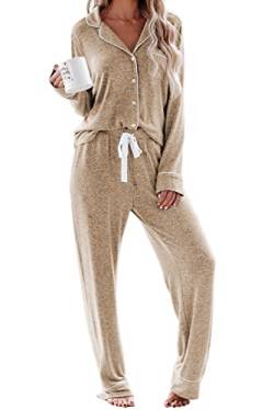 Schlafanzug Damen Lang Pyjama Sets mit Knopfleiste Zweiteiliger Nachtwäsche Hausanzug(M,weizen Farben) von Aamikast