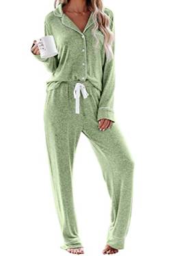 Schlafanzug Damen Lang Pyjama Sets mit Knopfleiste Zweiteiliger Nachtwäsche Hausanzug(S,Obst grün) von Aamikast