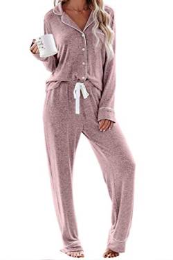 Schlafanzug Damen Lang Pyjama Sets mit Knopfleiste Zweiteiliger Nachtwäsche Hausanzug(S,Rosa) von Aamikast