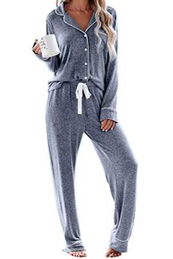 Schlafanzug Damen Lang Pyjama Sets mit Knopfleiste Zweiteiliger Nachtwäsche Hausanzug(S,blau) von Aamikast
