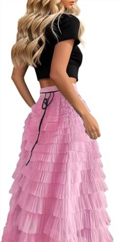 Eleganter A-Linien-Feen-Tüll-Stufenrock für Frauen, elastisch, hohe Taille, geschichtetes Netz-Tutu, fließend, lange Röcke für Frauen, Pink, Mittel von Ababalaya
