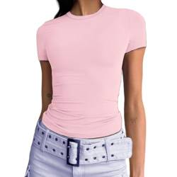 Abardsion Damen Casual Basic Going Out Crop Tops Slim Fit Kurzarm Rundhals Enge T-Shirts, Helles Pink, Klein von Abardsion