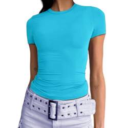 Abardsion Damen Casual Basic Going Out Crop Tops Slim Fit Kurzarm Rundhals Enge T-Shirts, Himmelblau, Mittel von Abardsion