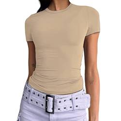 Abardsion Damen Casual Basic Going Out Crop Tops Slim Fit Kurzarm Rundhals Enge T-Shirts, Khaki, Mittel von Abardsion