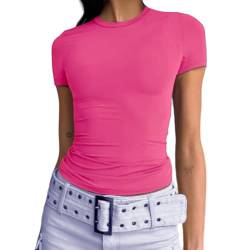 Abardsion Damen Casual Basic Going Out Crop Tops Slim Fit Kurzarm Rundhals Enge T-Shirts, Knallpink (Hot Pink), Mittel von Abardsion