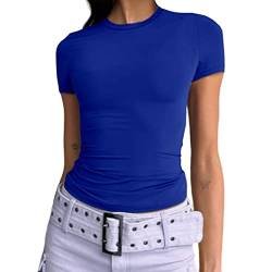 Abardsion Damen Casual Basic Going Out Crop Tops Slim Fit Kurzarm Rundhals Enge T-Shirts, Königsblau, Mittel von Abardsion