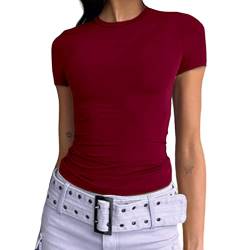 Abardsion Damen Casual Basic Going Out Crop Tops Slim Fit Kurzarm Rundhals Enge T-Shirts, Rot/Ausflug, einfarbig (Getaway Solids), Klein von Abardsion