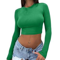 Abardsion Damen Sexy Langarm Crop Top 2023 Rundhals Basic Fitted Tight Cropped T-Shirts, Grün , Klein von Abardsion