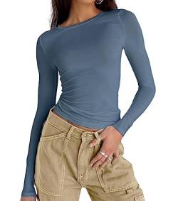 Damen Casual Basic Going Out Crop Tops Slim Fit Kurzarm Rundhals Enge T-Shirts, 2# Haze Blue, Groß von Abardsion
