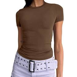 Damen Casual Basic Going Out Crop Tops Slim Fit Kurzarm Rundhals Enge T-Shirts, Braun, Klein von Abardsion
