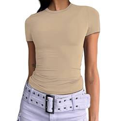 Damen Casual Basic Going Out Crop Tops Slim Fit Kurzarm Rundhals Enge T-Shirts, Khaki, Klein von Abardsion